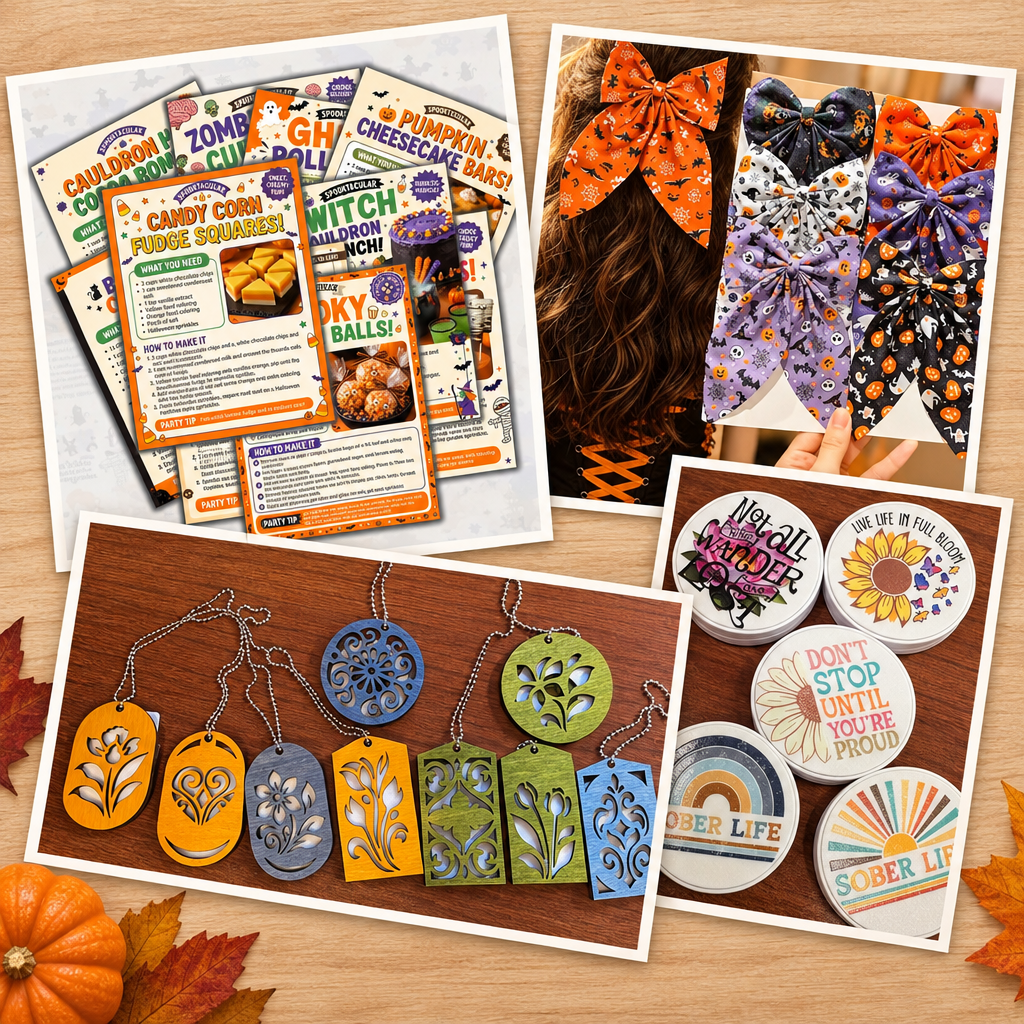 Collage of sample items including recipe cards, hair bows, wooden car fresheners, and recovery phone grips; actual scoop contents vary