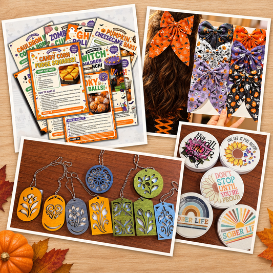 Collage of sample items including recipe cards, hair bows, wooden car fresheners, and recovery phone grips; actual scoop contents vary