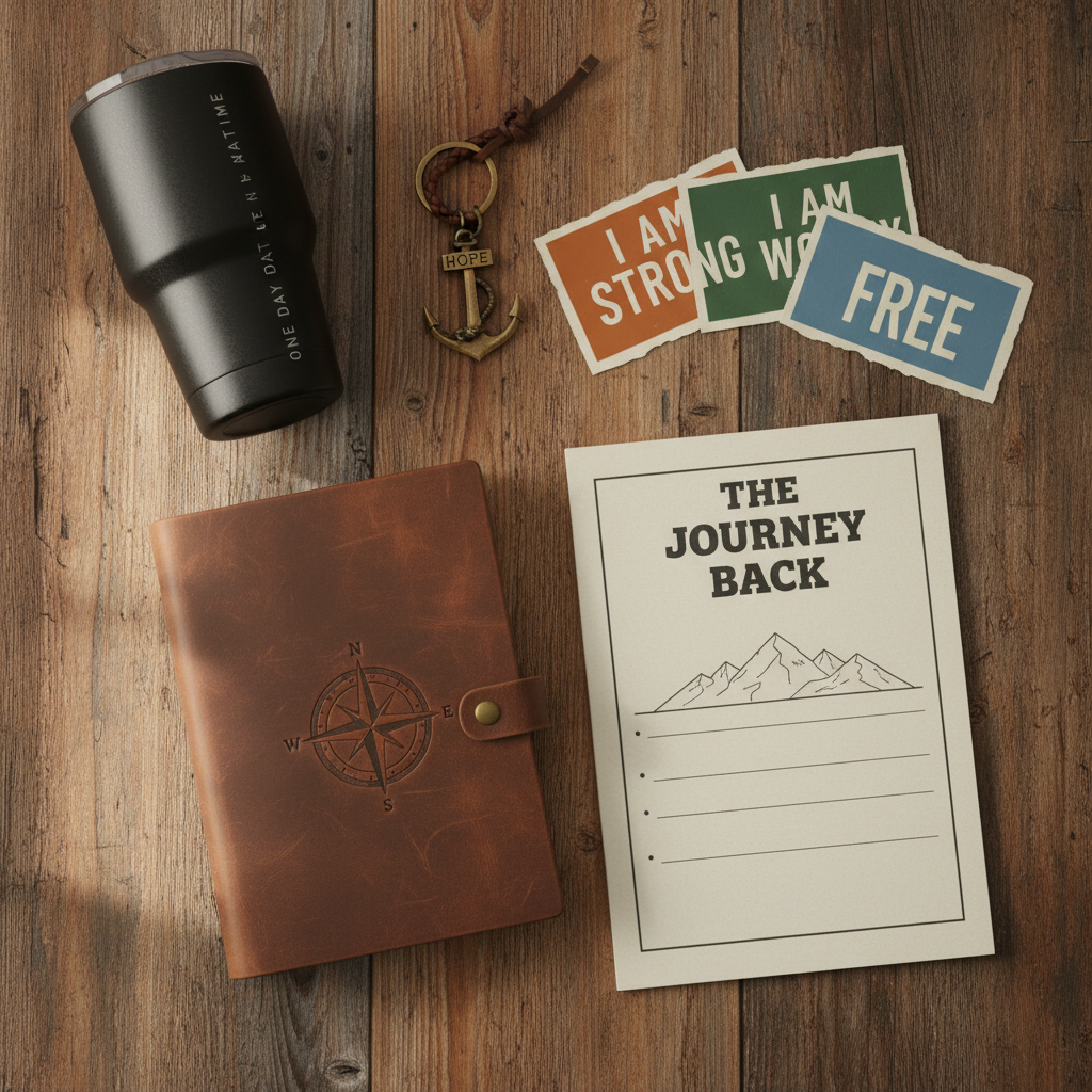 Flatlay of a men's mystery box with curated items on a rustic wooden surface