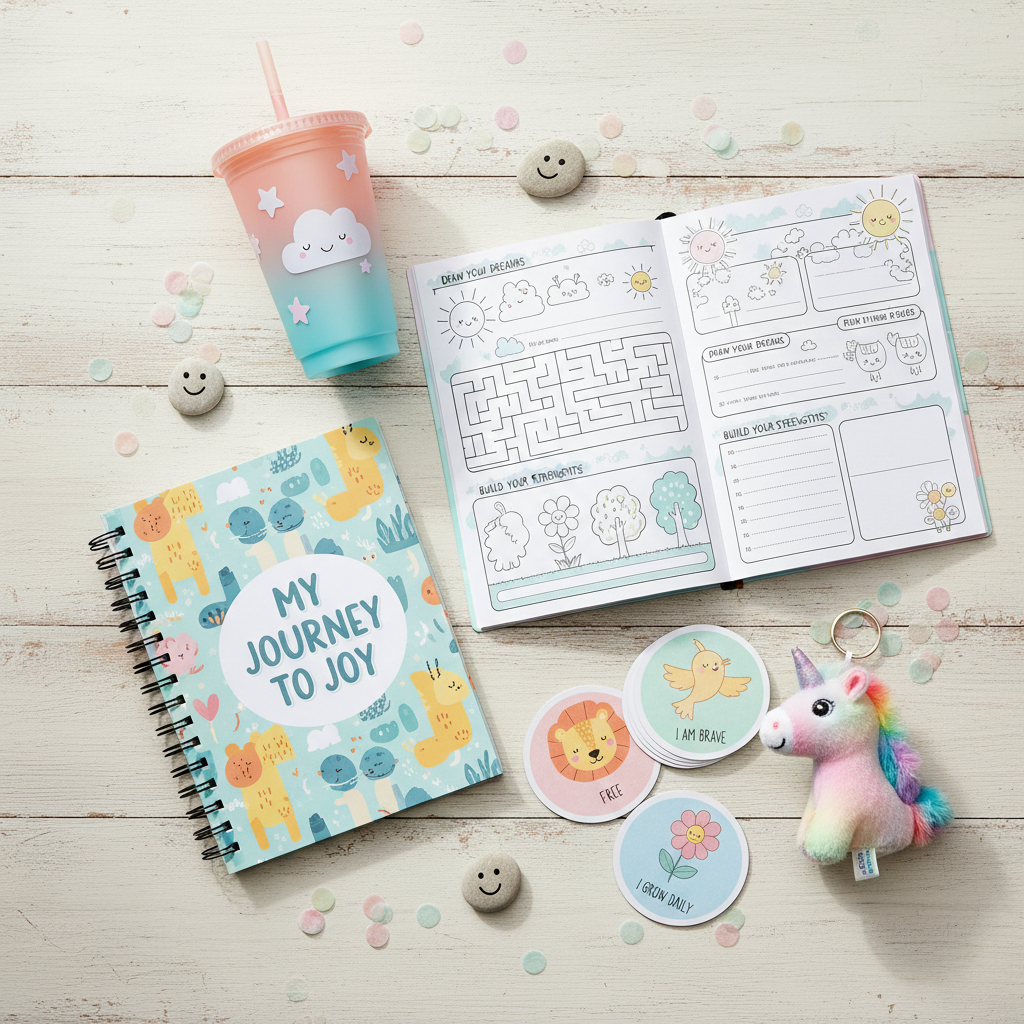 Bright cheerful flatlay of a kids' mystery box with colorful curated items on a wooden surface