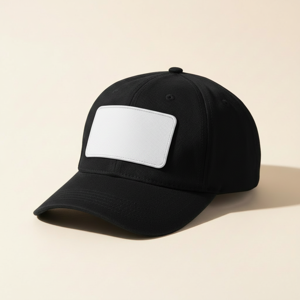 Black baseball cap with a clean blank white sublimation patch