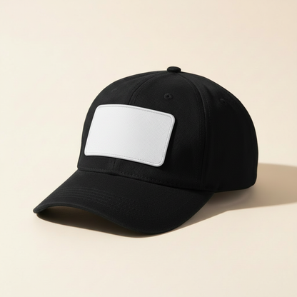 Black baseball cap with a clean blank white sublimation patch
